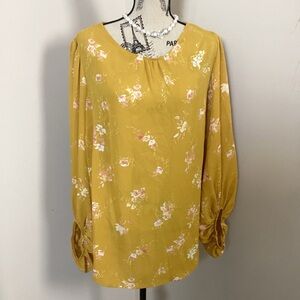 Ava Viv Women’s Yellow Silk-like Pink Floral Blouse Round Neck Long Sleeve Top